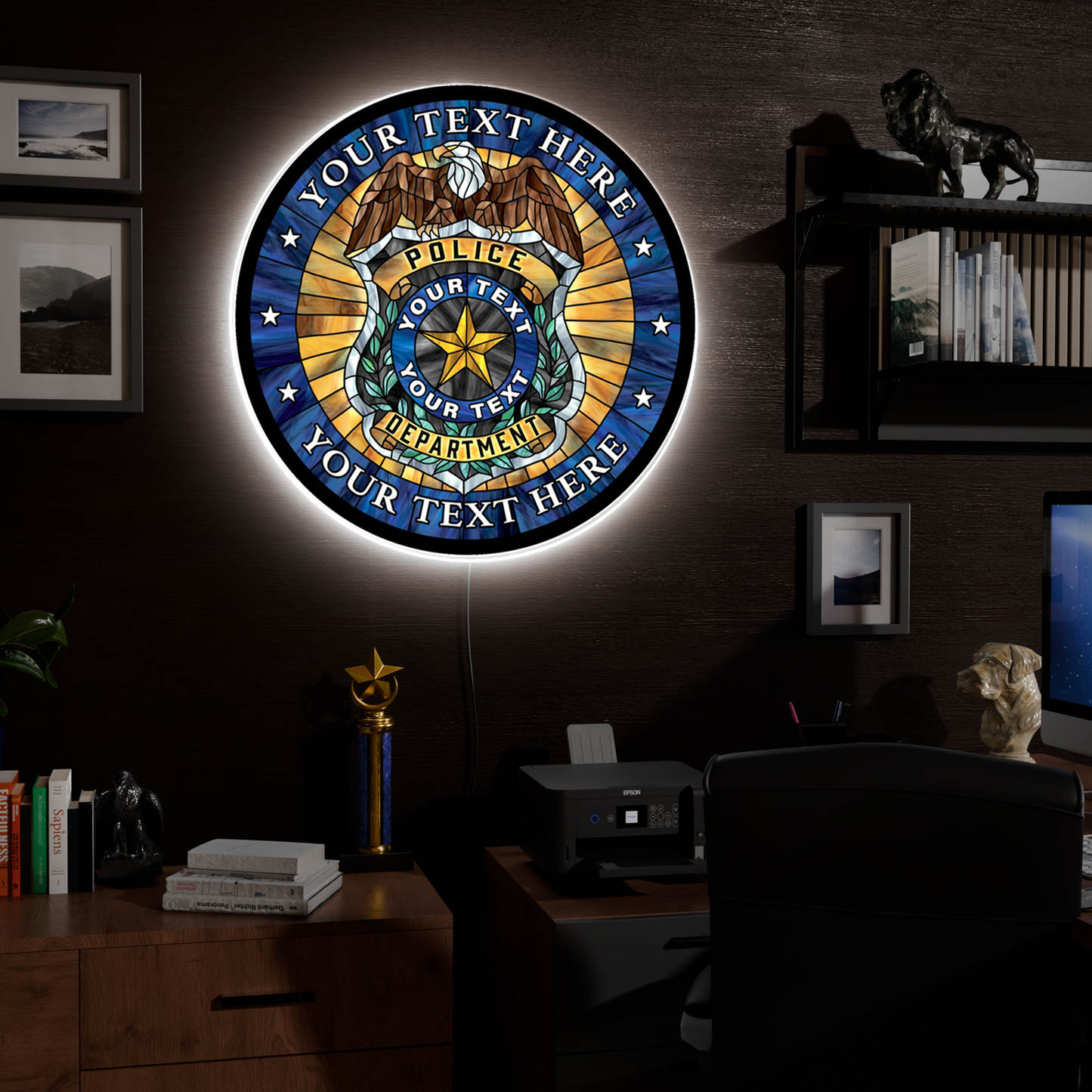 Police Badge Stained Glass Custom LED Sign 23 in